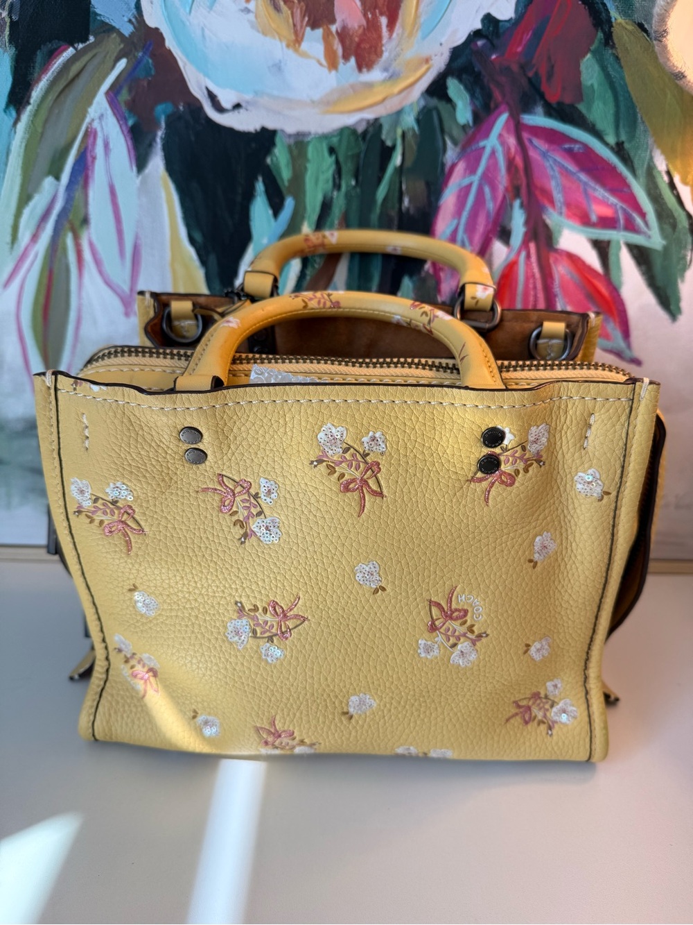Preowned Rare Coach 1941 Rogue 25 with Sequins Floral Bow Print Yellow - Picture 4 of 15